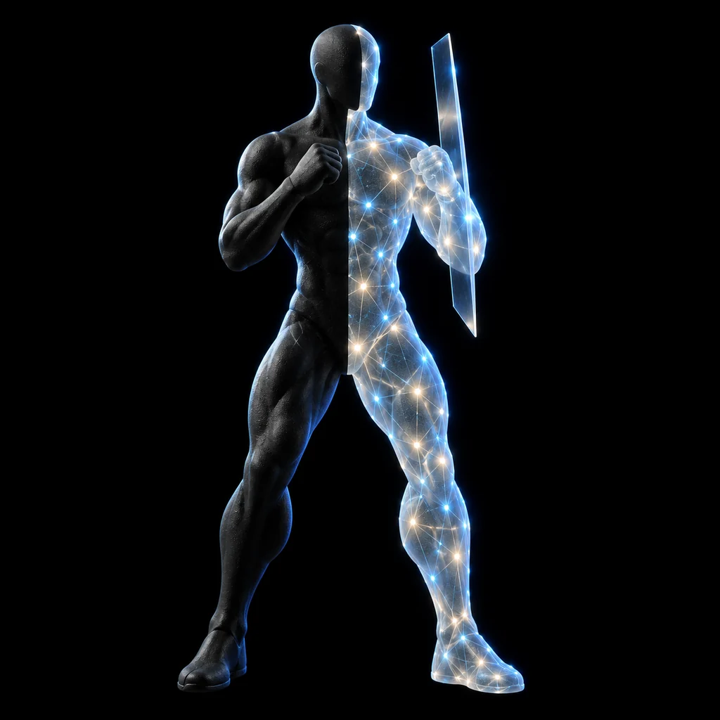 Arena fighter Hadamard, half matte black, half glowing lattice, holding a mirror blade