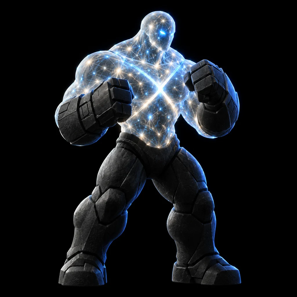 Arena fighter Pauli, heavy stone gauntlets, glowing X seam across the chest